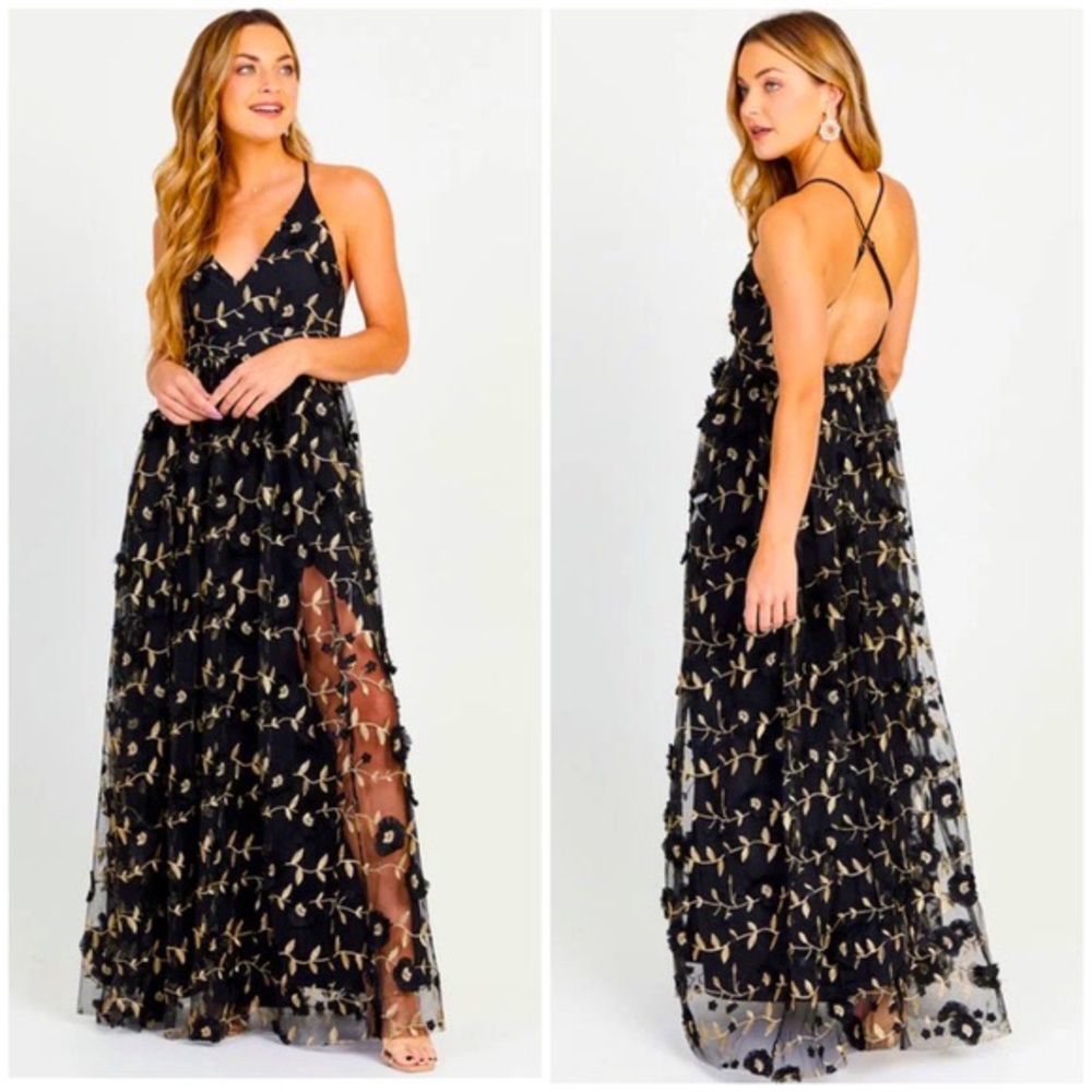 Alter'd State Arabella Black and Gold Embroidered Maxi Dress Size Small